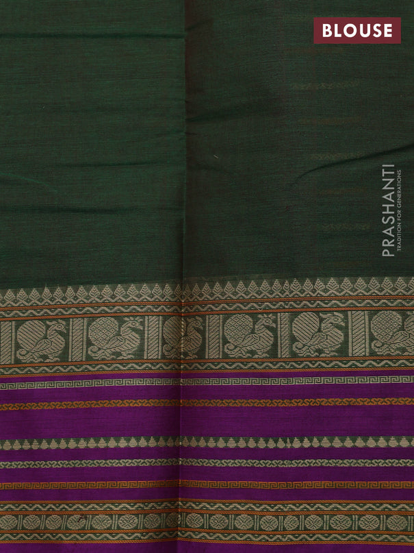 Kanchi cotton saree green and purple with allover thread woven stripes pattern and thread woven border