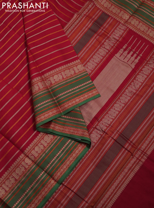 Kanchi cotton saree red and green with allover thread woven stripes pattern and thread woven border