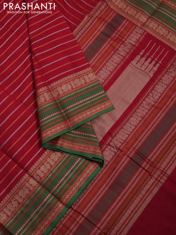 Kanchi cotton saree red and green with allover thread woven stripes pattern and thread woven border