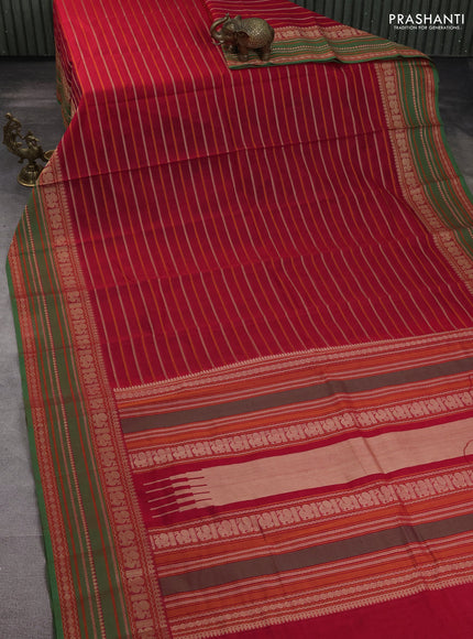 Kanchi cotton saree red and green with allover thread woven stripes pattern and thread woven border