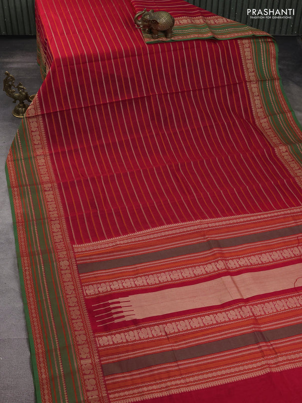 Kanchi cotton saree red and green with allover thread woven stripes pattern and thread woven border
