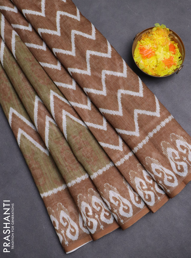 Semi linen saree sap green and dark mustard with allover ikat prints and printed border