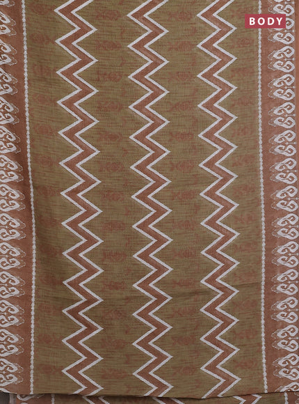 Semi linen saree sap green and dark mustard with allover ikat prints and printed border