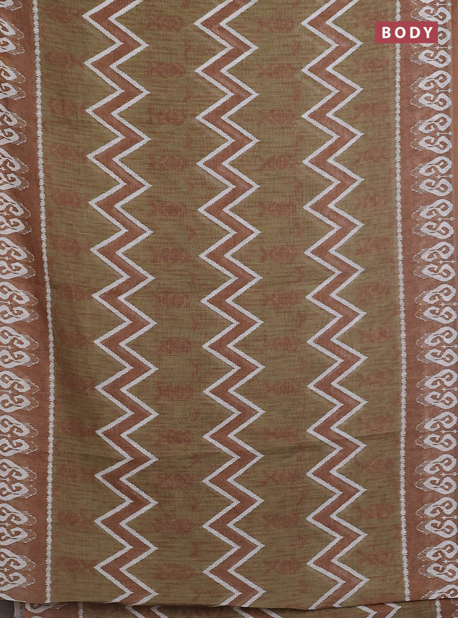 Semi linen saree sap green and dark mustard with allover ikat prints and printed border