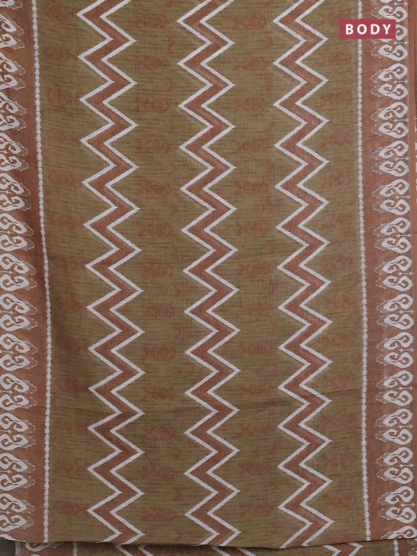 Semi linen saree sap green and dark mustard with allover ikat prints and printed border
