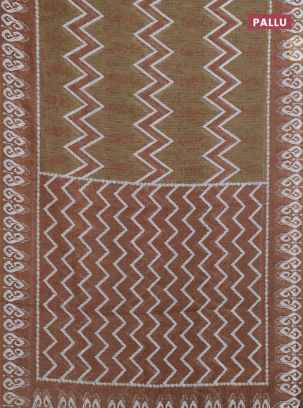 Semi linen saree sap green and dark mustard with allover ikat prints and printed border
