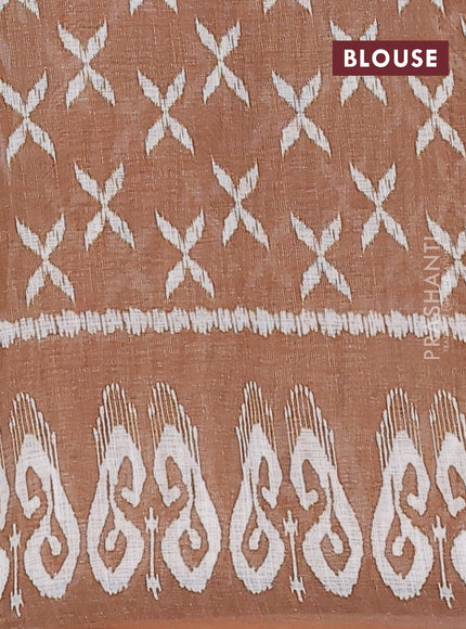Semi linen saree sap green and dark mustard with allover ikat prints and printed border