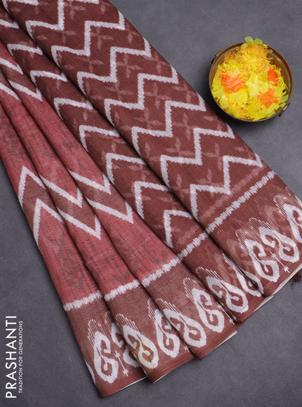 Semi linen saree pastel maroon and brown with allover ikat prints and printed border