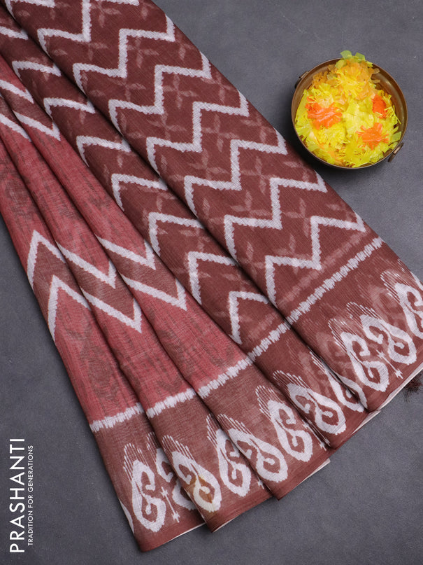 Semi linen saree pastel maroon and brown with allover ikat prints and printed border