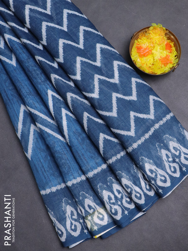 Semi linen saree blue and peacock blue with allover ikat prints and printed border