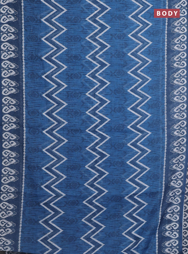 Semi linen saree blue and peacock blue with allover ikat prints and printed border