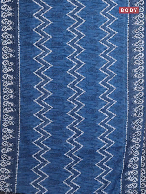 Semi linen saree blue and peacock blue with allover ikat prints and printed border