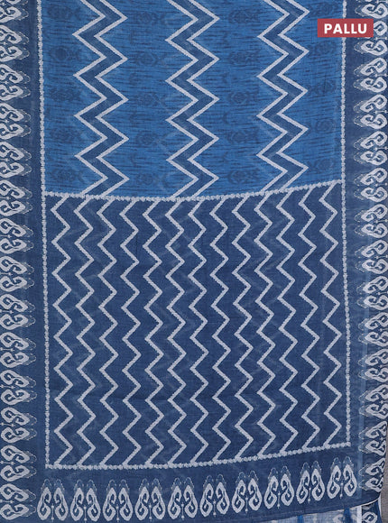Semi linen saree blue and peacock blue with allover ikat prints and printed border