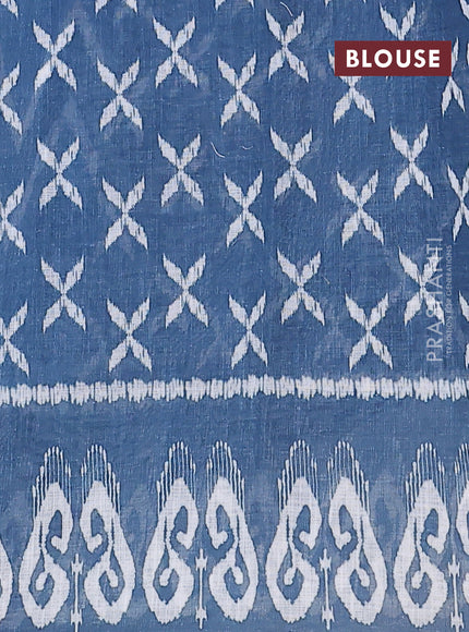 Semi linen saree blue and peacock blue with allover ikat prints and printed border