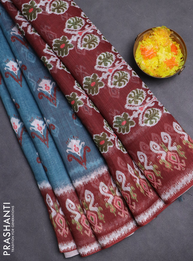 Semi linen saree pastel blue and brown with allover ikat butta prints and printed border