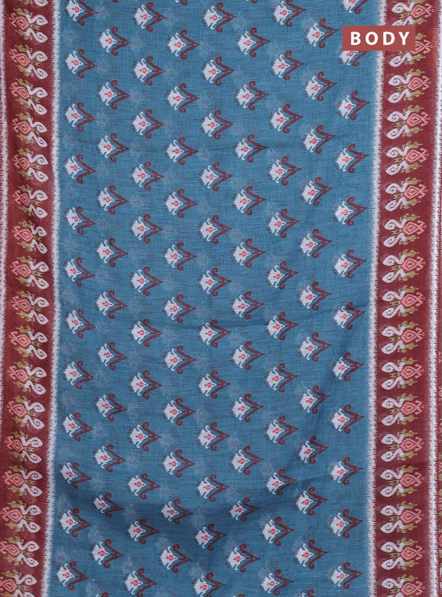 Semi linen saree pastel blue and brown with allover ikat butta prints and printed border