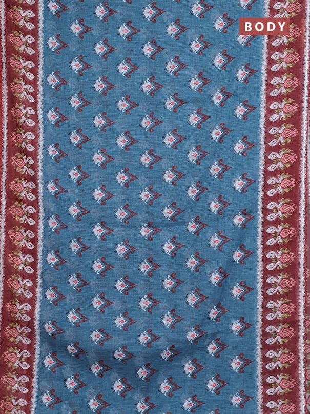 Semi linen saree pastel blue and brown with allover ikat butta prints and printed border