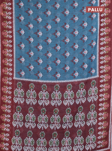 Semi linen saree pastel blue and brown with allover ikat butta prints and printed border
