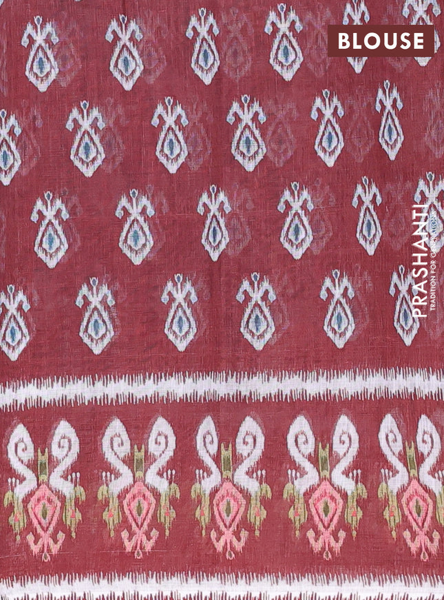 Semi linen saree pastel blue and brown with allover ikat butta prints and printed border