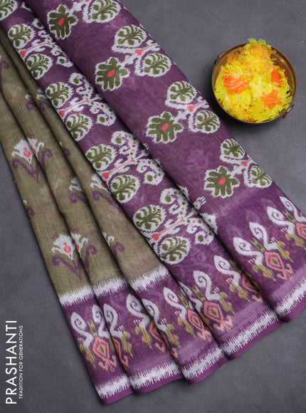 Semi linen saree pastel green and purple with allover ikat butta prints and printed border