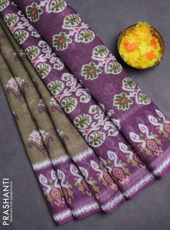 Semi linen saree pastel green and purple with allover ikat butta prints and printed border