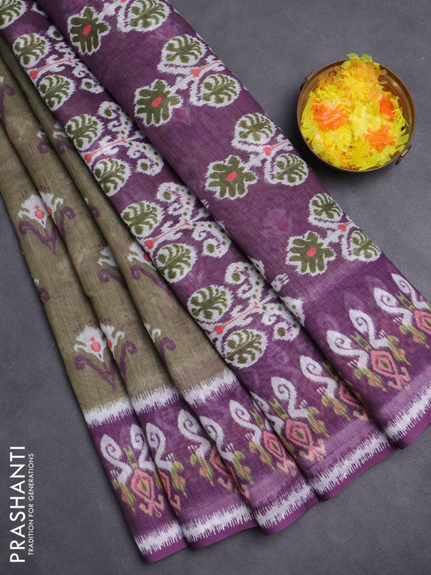 Semi linen saree pastel green and purple with allover ikat butta prints and printed border