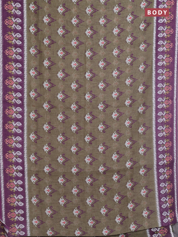 Semi linen saree pastel green and purple with allover ikat butta prints and printed border