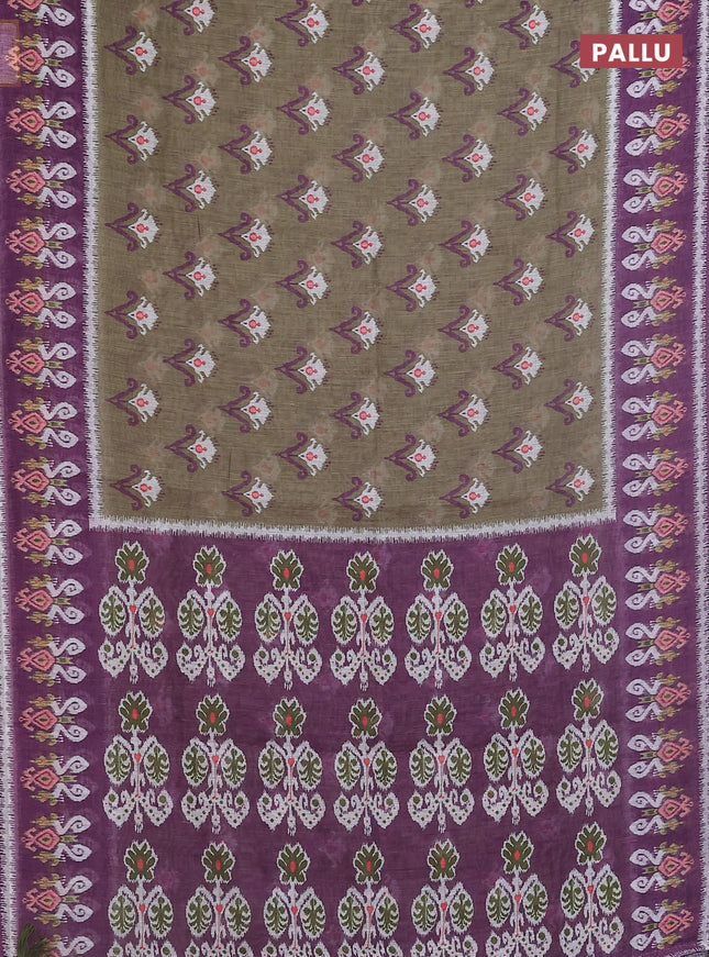 Semi linen saree pastel green and purple with allover ikat butta prints and printed border