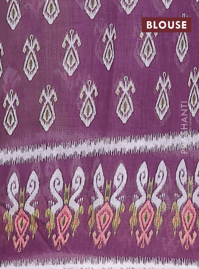 Semi linen saree pastel green and purple with allover ikat butta prints and printed border