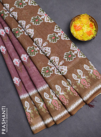 Semi linen saree rosy brown and mehendi green with allover ikat butta prints and printed border