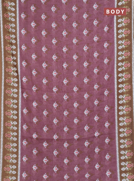 Semi linen saree rosy brown and mehendi green with allover ikat butta prints and printed border