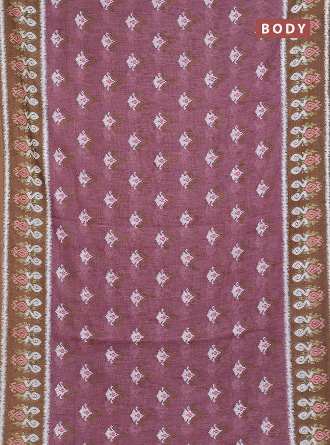 Semi linen saree rosy brown and mehendi green with allover ikat butta prints and printed border