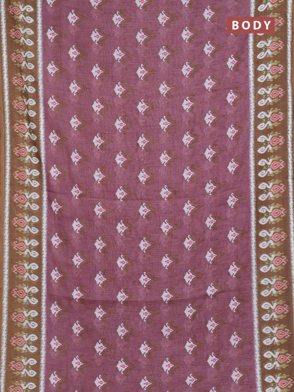 Semi linen saree rosy brown and mehendi green with allover ikat butta prints and printed border