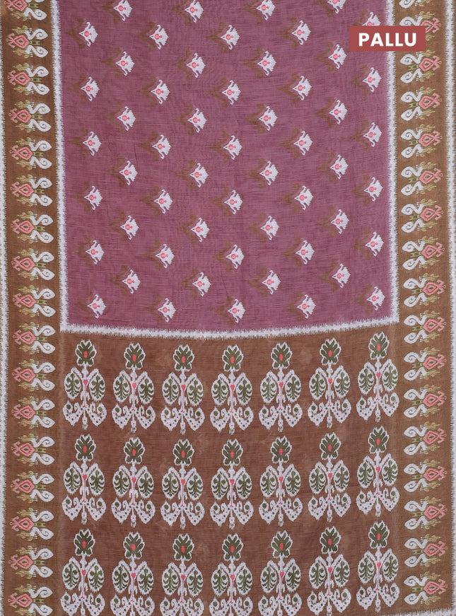 Semi linen saree rosy brown and mehendi green with allover ikat butta prints and printed border