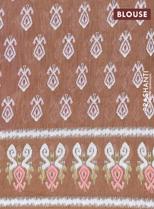 Semi linen saree rosy brown and mehendi green with allover ikat butta prints and printed border