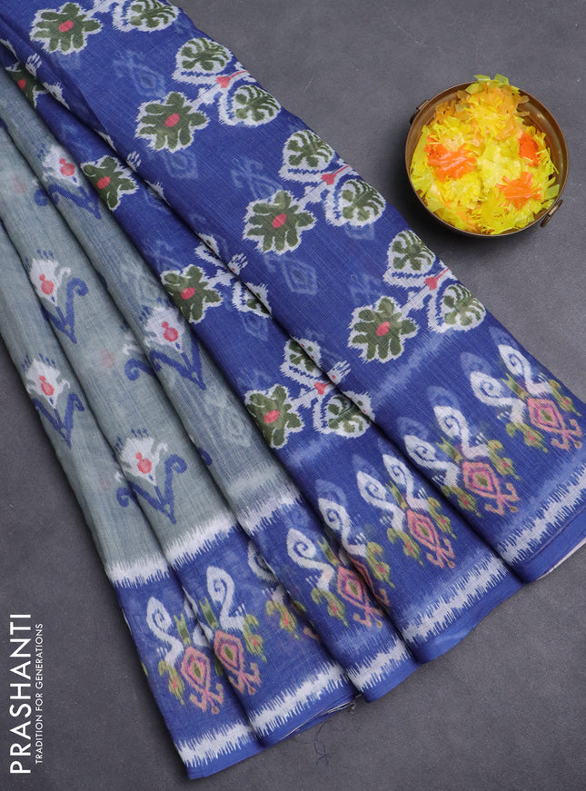 Semi linen saree grey and blue with allover ikat butta prints and printed border
