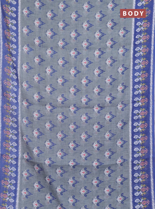 Semi linen saree grey and blue with allover ikat butta prints and printed border