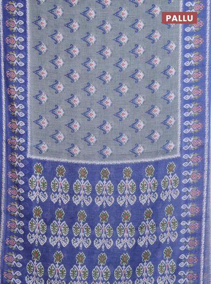 Semi linen saree grey and blue with allover ikat butta prints and printed border