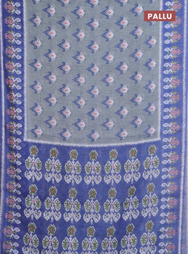 Semi linen saree grey and blue with allover ikat butta prints and printed border