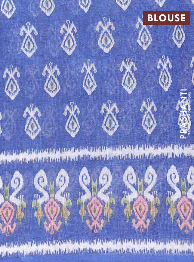 Semi linen saree grey and blue with allover ikat butta prints and printed border