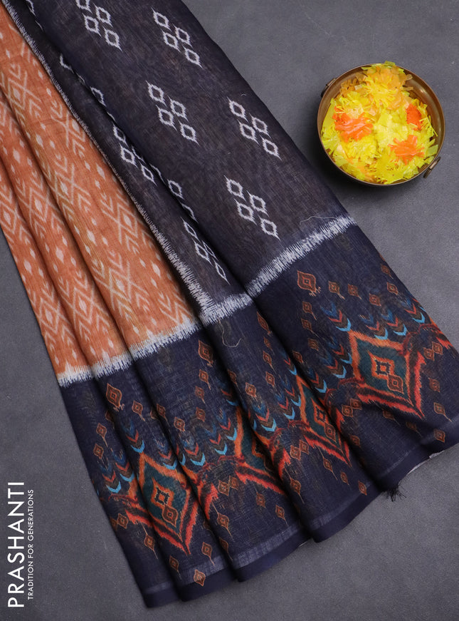 Semi linen saree dark mustard and navy blue with allover ikat prints and long printed border