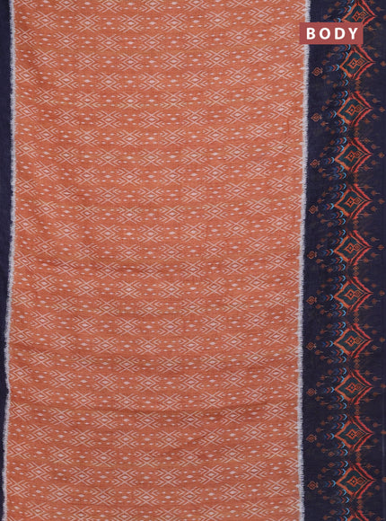 Semi linen saree dark mustard and navy blue with allover ikat prints and long printed border