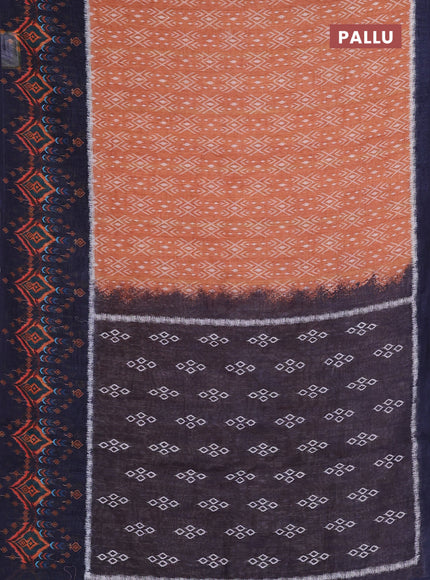 Semi linen saree dark mustard and navy blue with allover ikat prints and long printed border