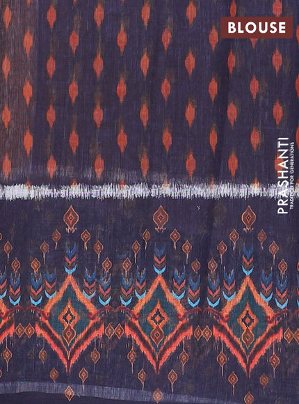Semi linen saree dark mustard and navy blue with allover ikat prints and long printed border