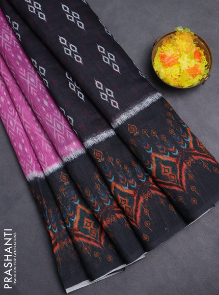 Semi linen saree pink and black with allover ikat prints and long printed border