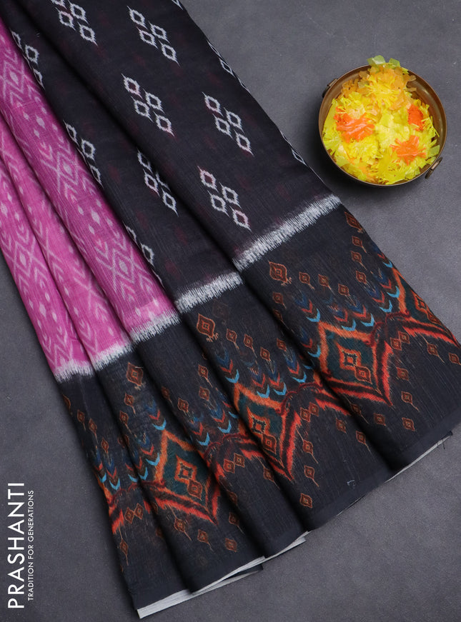 Semi linen saree pink and black with allover ikat prints and long printed border