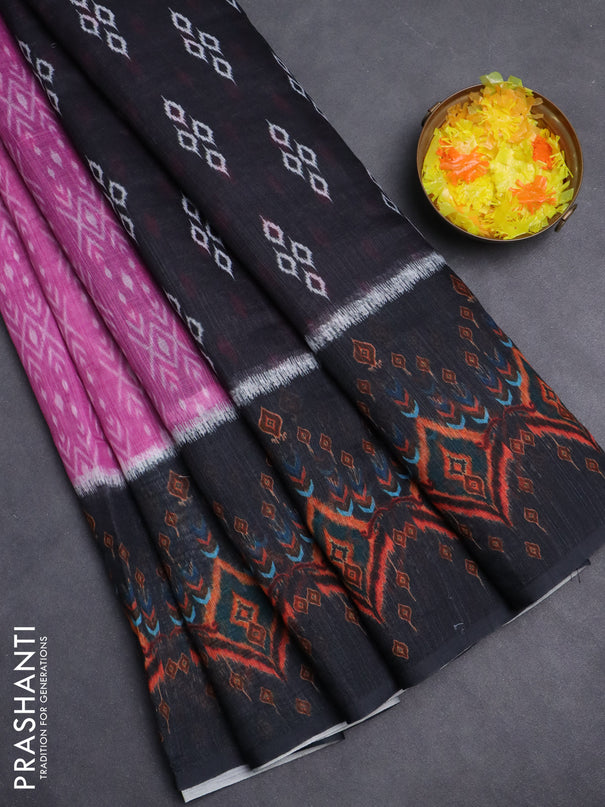 Semi linen saree pink and black with allover ikat prints and long printed border