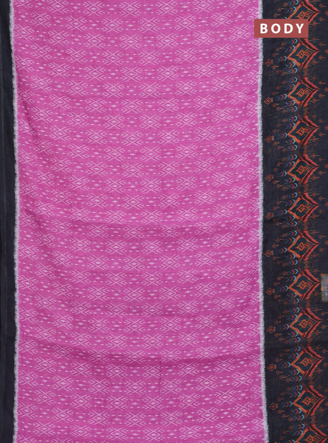 Semi linen saree pink and black with allover ikat prints and long printed border