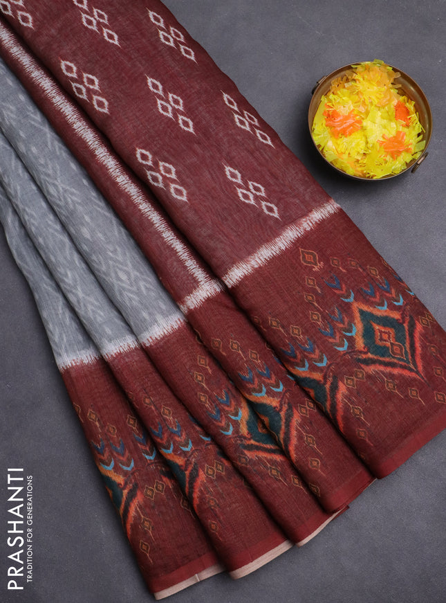 Semi linen saree grey and brown with allover ikat prints and long printed border