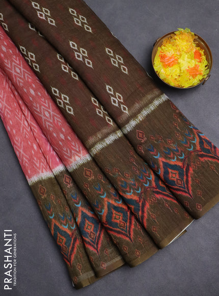 Semi linen saree peach shade and sap green with allover ikat prints and long printed border